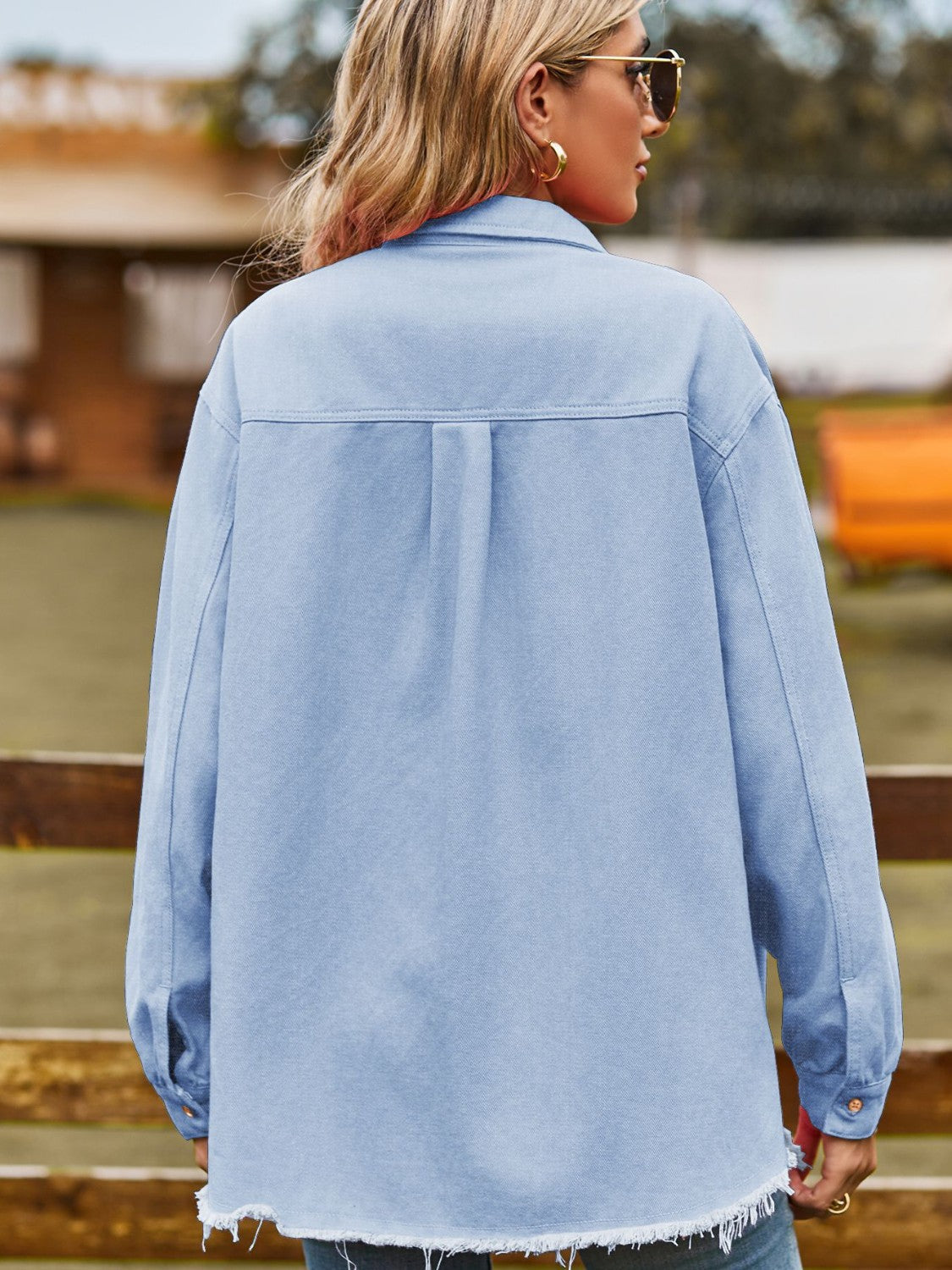 Button Up Collared Neck Raw Hem Denim Top 