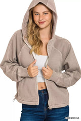 Zenana Fleece Pigment Dye Zip Up Hoodie with Pockets 