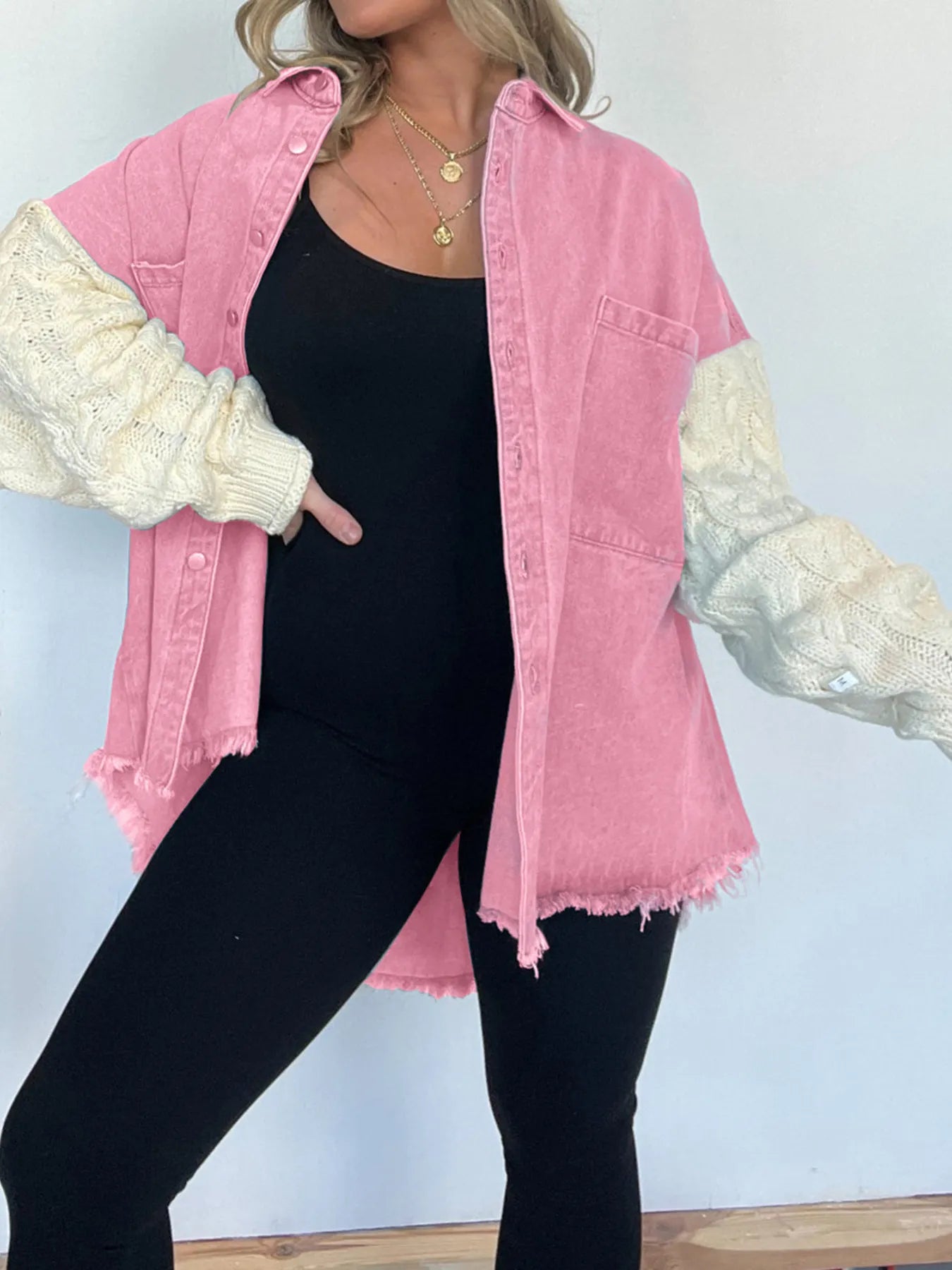 Full Size Raw Hem Button Up Patchwork Denim Jacket Plus Size 