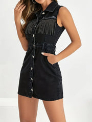 Fringe Detail Button-Front Mini Dress 