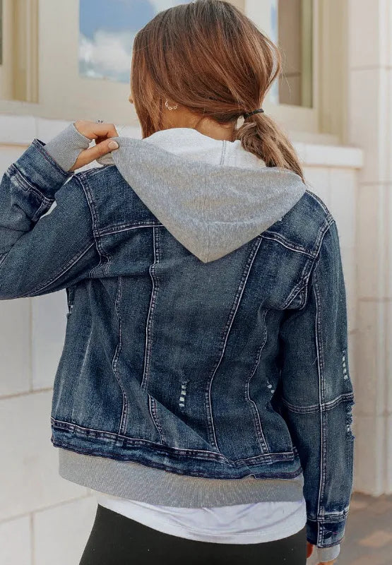 Fake Two-Piece Hooded Zip-Up Denim Jacket 