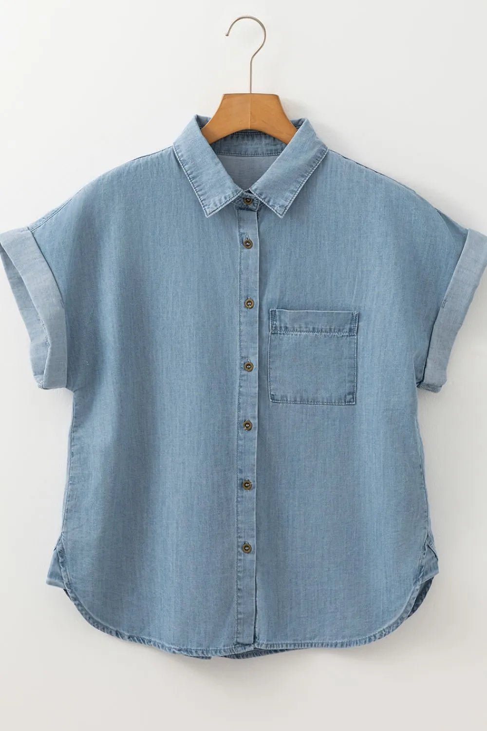 Folded Short Sleeve Patched Pocket Denim Shirt 