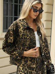 Pocketed Leopard Long Sleeve Denim Jacket 
