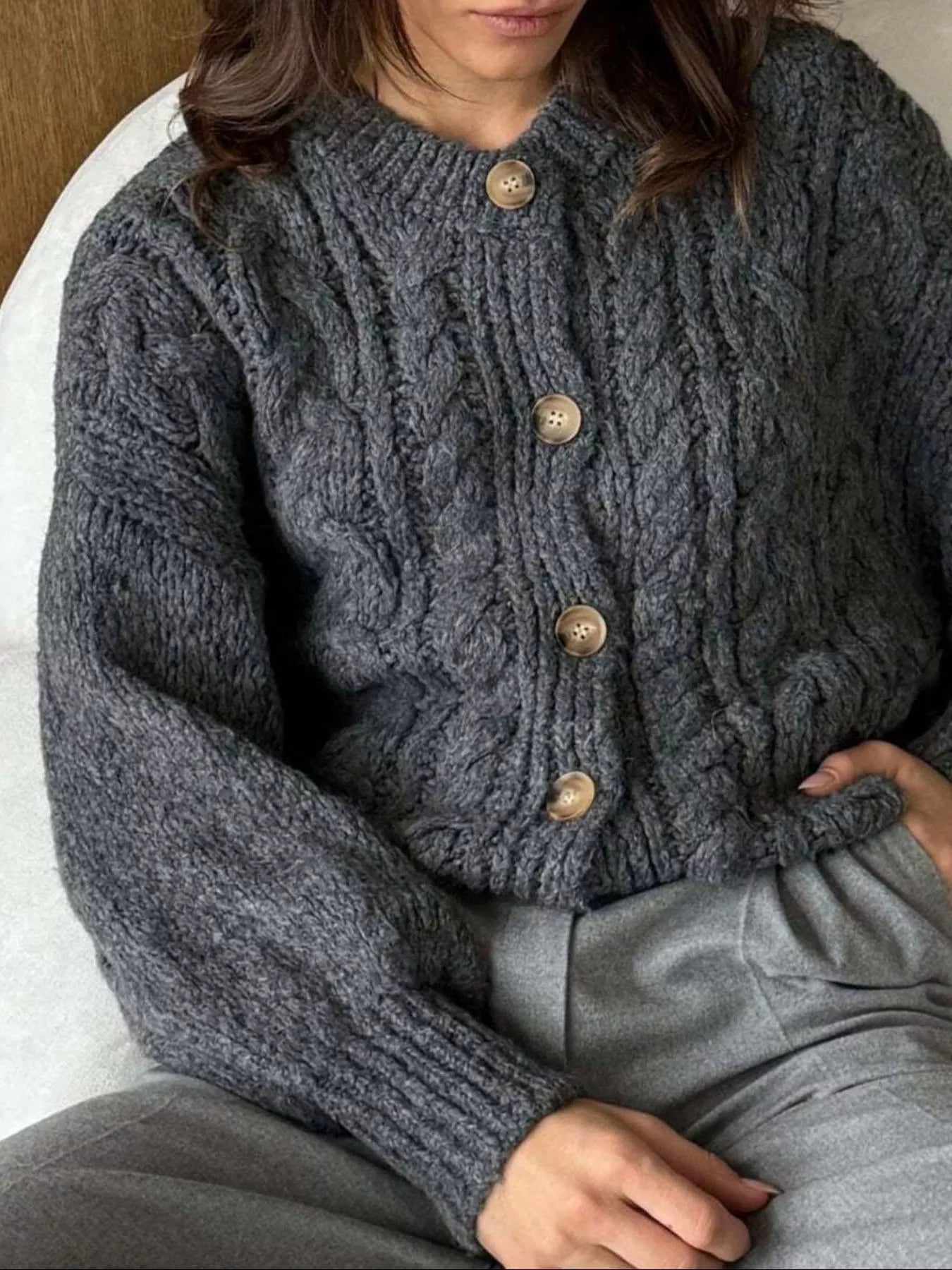 Cable Knit Button-Down Cardigan 