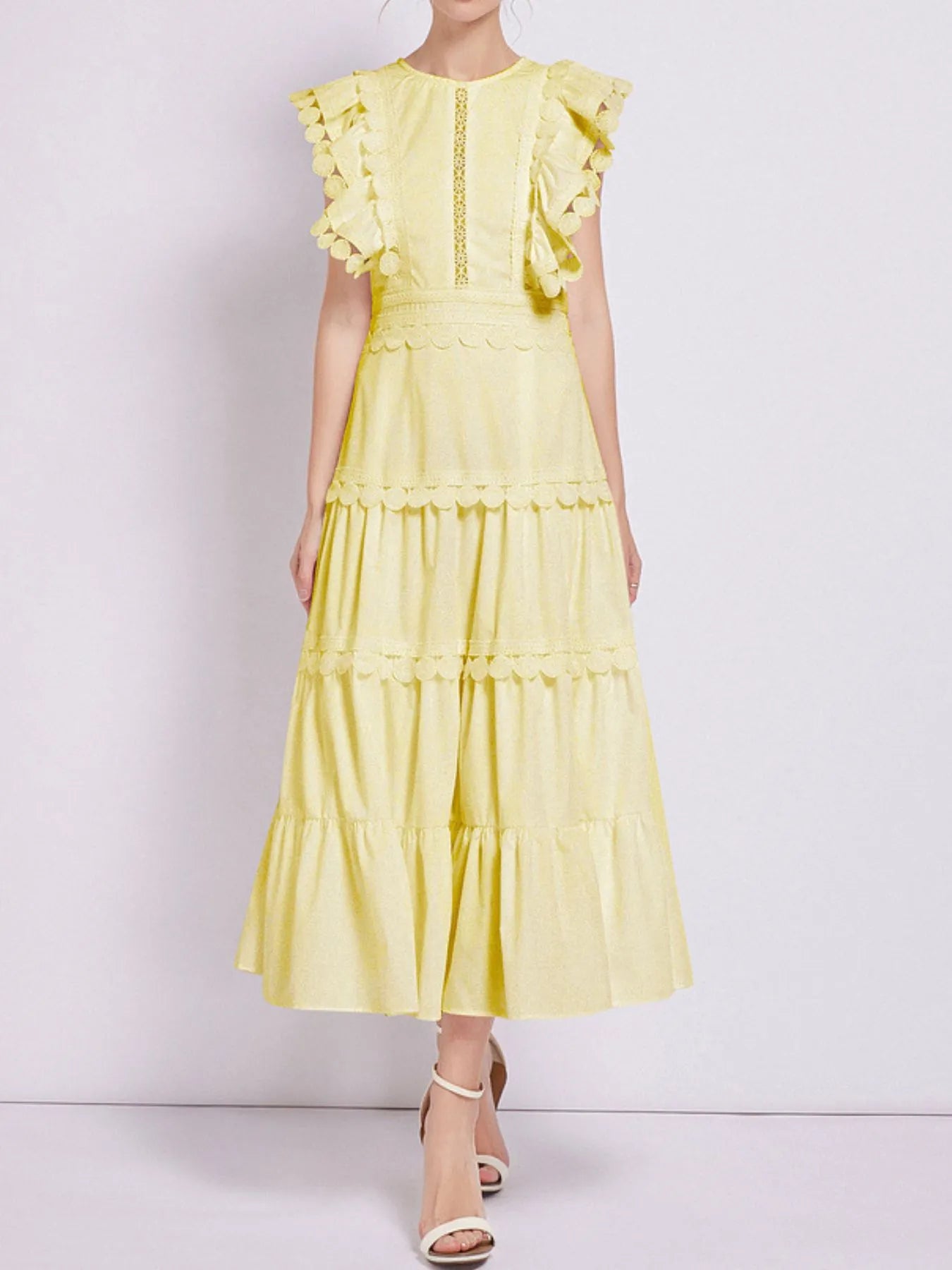 Sleeveless Ruffled Tiered Dress with Embroidered Trim 