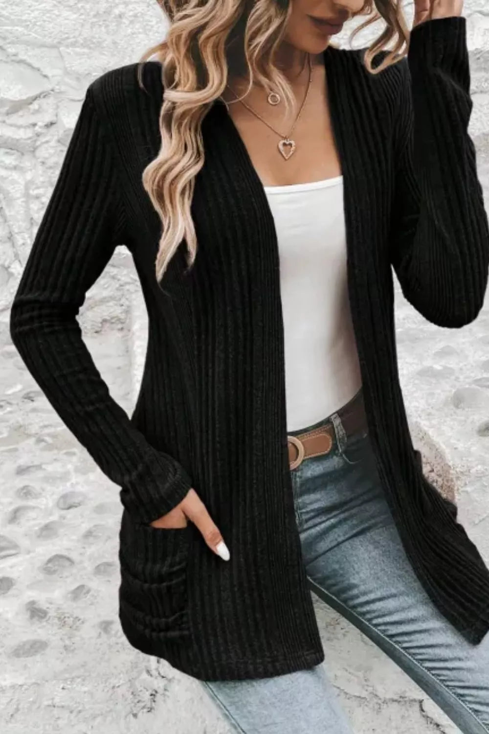 Ribbed Knit Open Front Cardigan with Pockets 