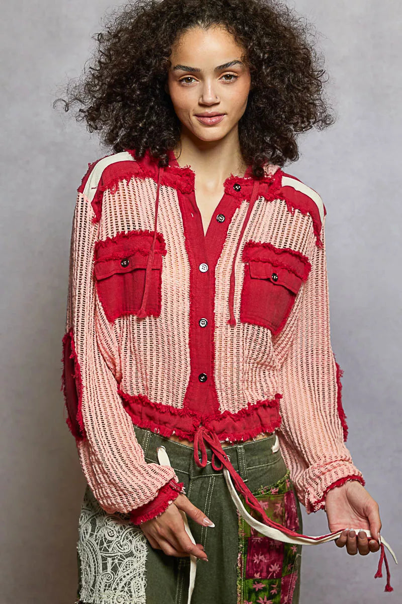 POL Texture Woven Button Down Hooded Shirt with Drawstring Hem 