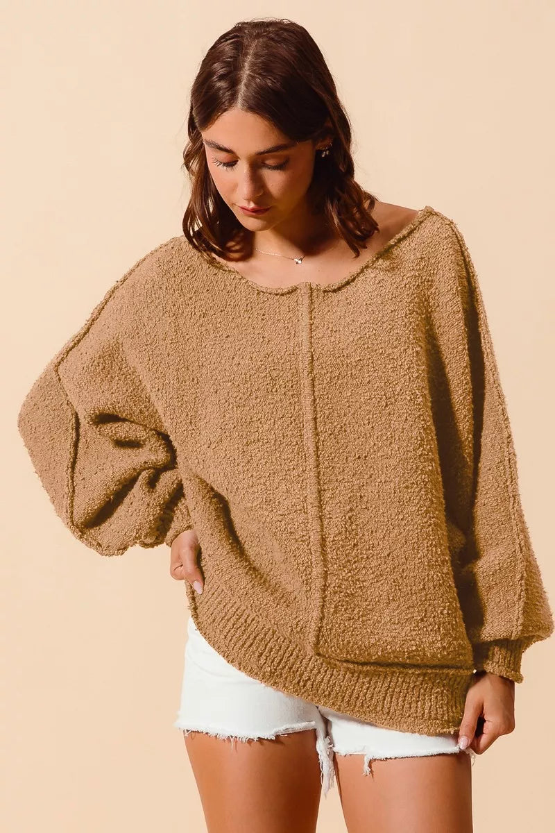 SO ME Loose Fit Exposed Seam Slouchy Boucle Sweater 