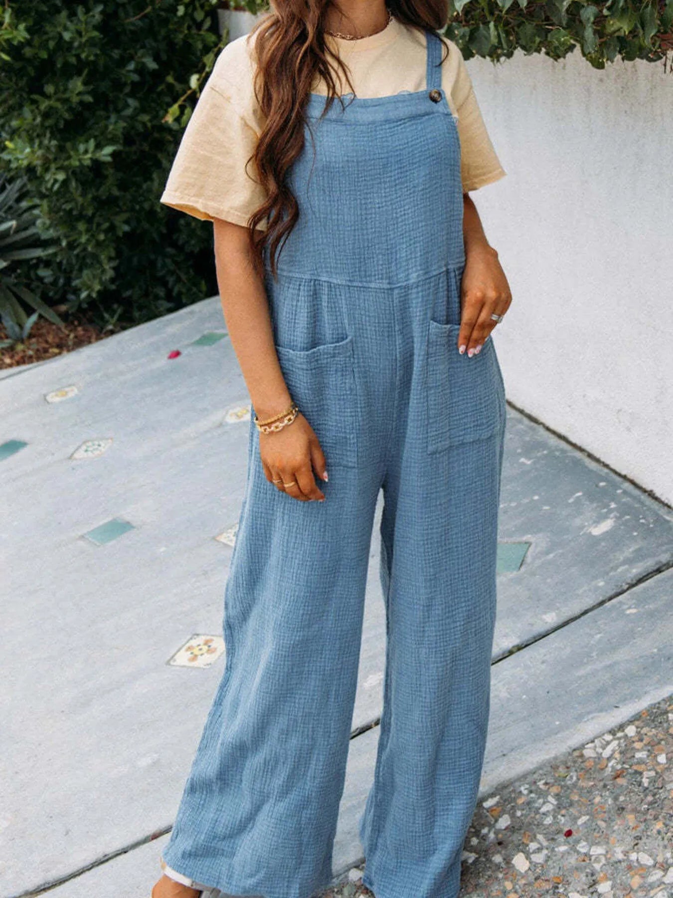 Full Size Casual Wide Leg Textured Overalls Plus Size 