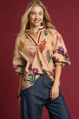 Umgee Floral Print Flounce Sleeve Blouse 