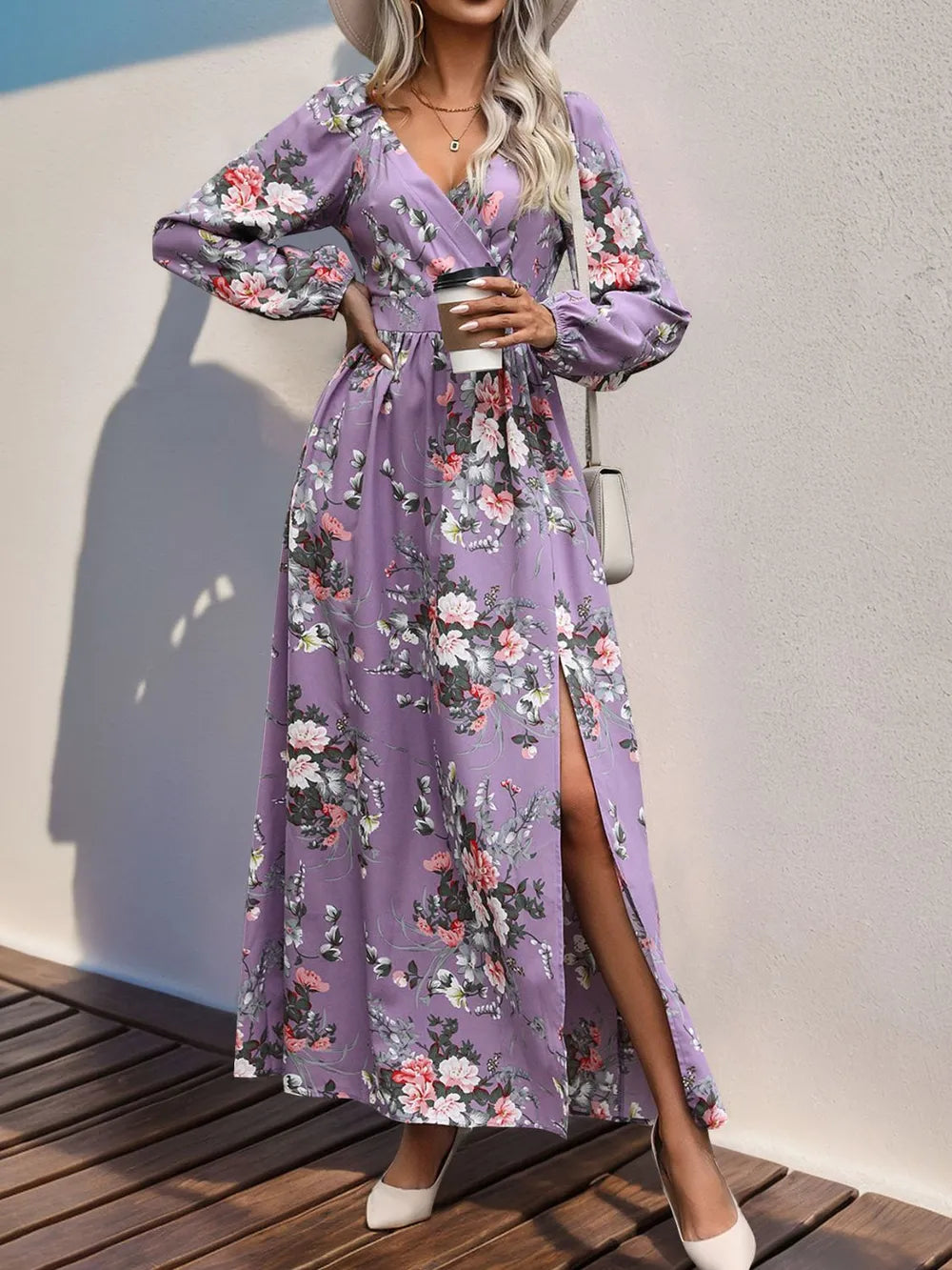 Perfee Slit Printed Surplice Long Sleeve Maxi Dress 
