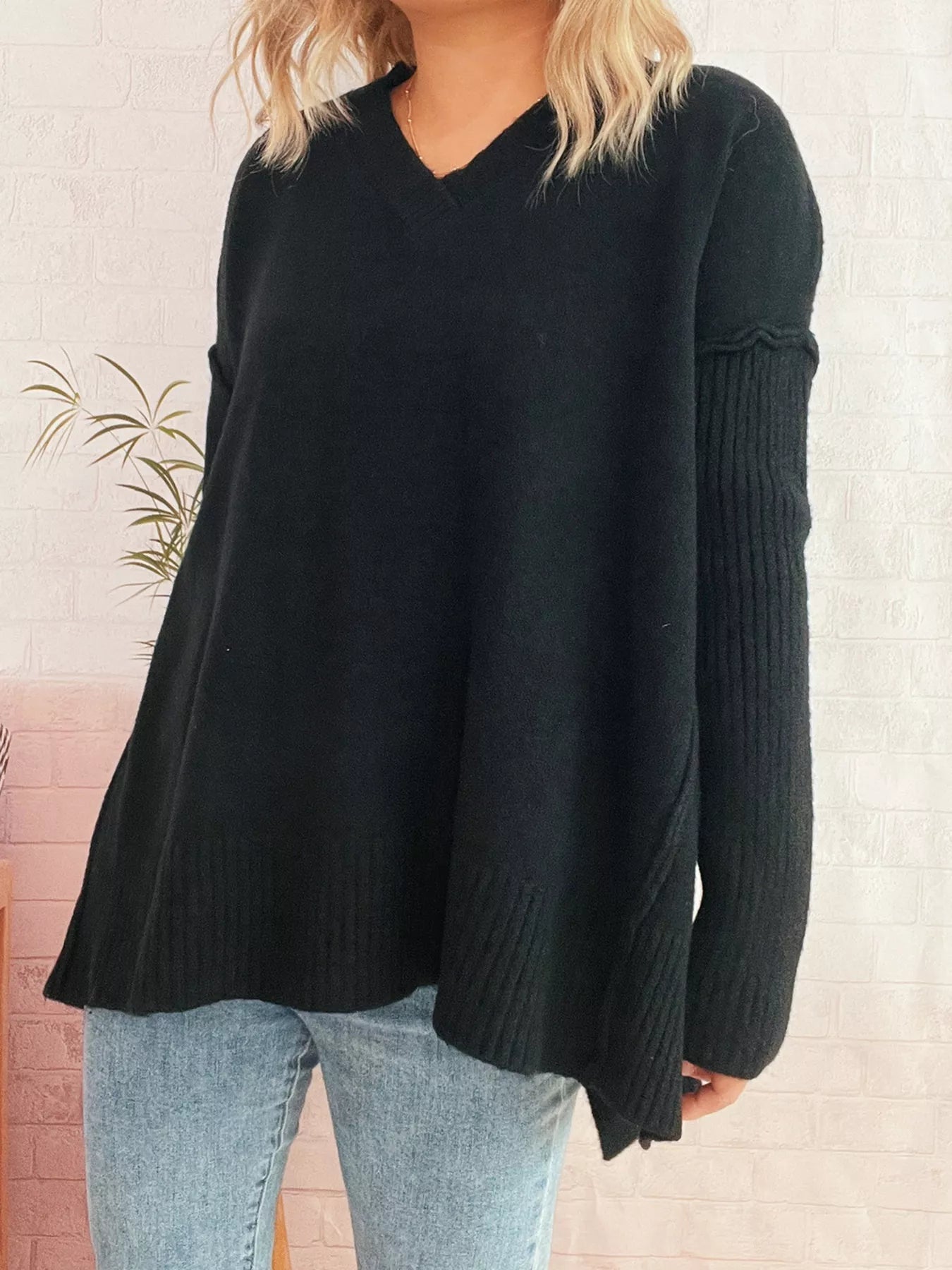 V-Neck Dropped Shoulder Sweater 