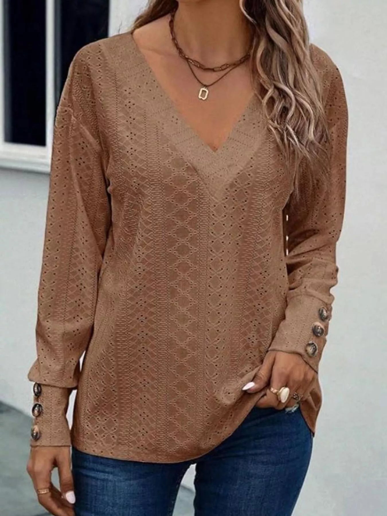 Eyelet V-Neck Long Sleeve Blouse 