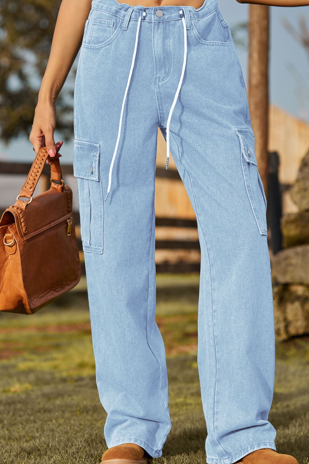 Loose Fit Drawstring Jeans with Pocket 