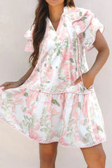 Floral Contrast Edge Layered Short Sleeve Mini Dress 