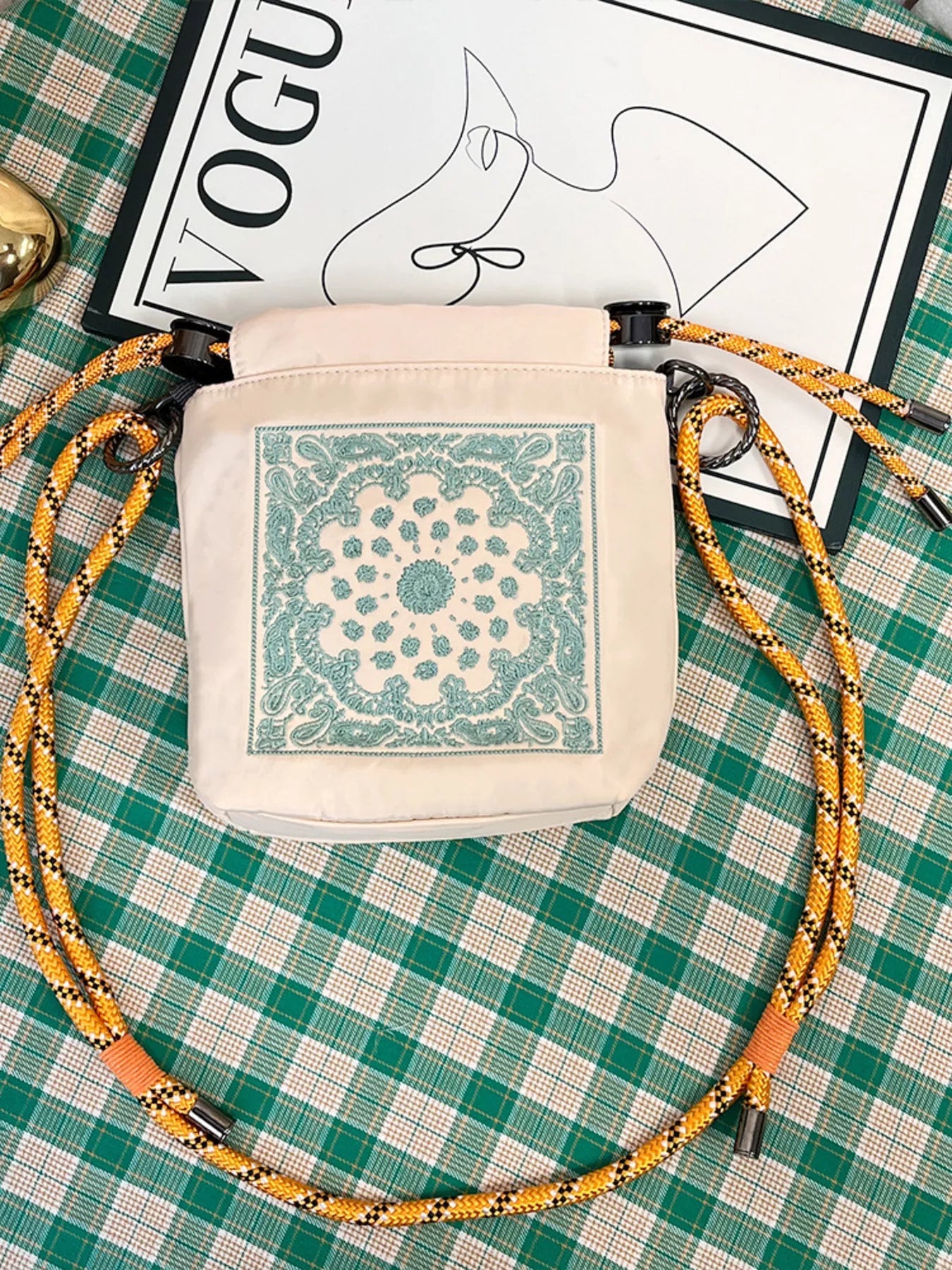 Embroidered Crossbody Bag with Rope Strap 