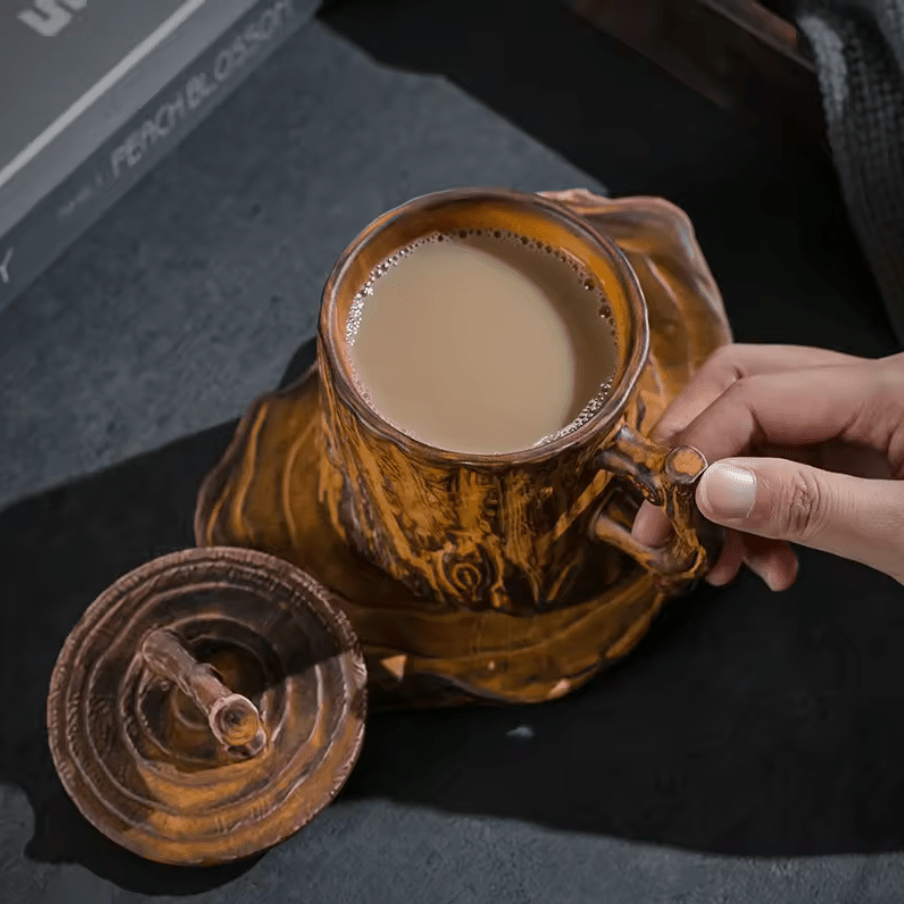 Ceramic Mug with Woodgrain Finish and Insulated Lid – Perfect for Hot Beverages 