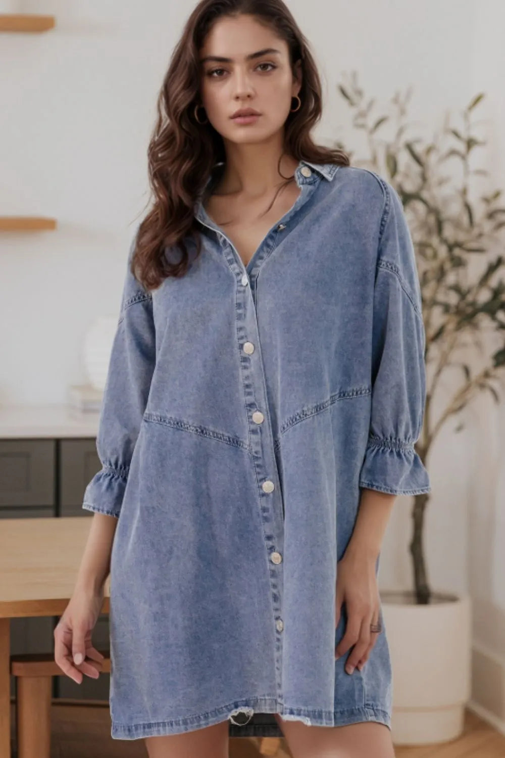Distressed Collared Neck Flounce Sleeve Denim Dress 