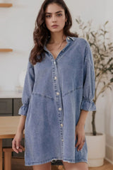 Distressed Collared Neck Flounce Sleeve Denim Dress 