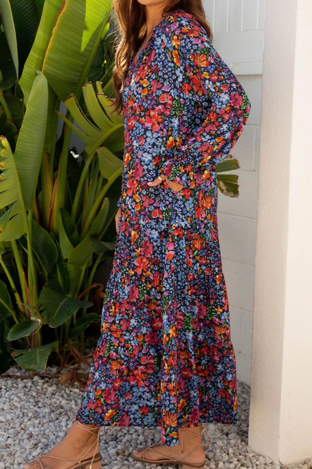 Floral Notched Flounce Sleeve Maxi Dress 