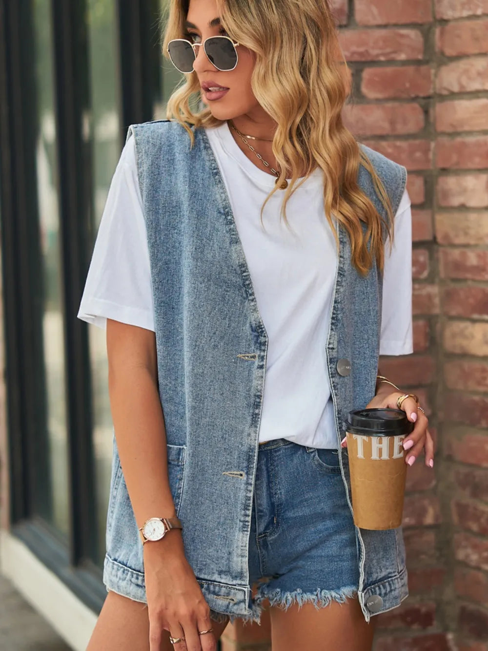 Full Size V-Neck Button Up Denim Vest 