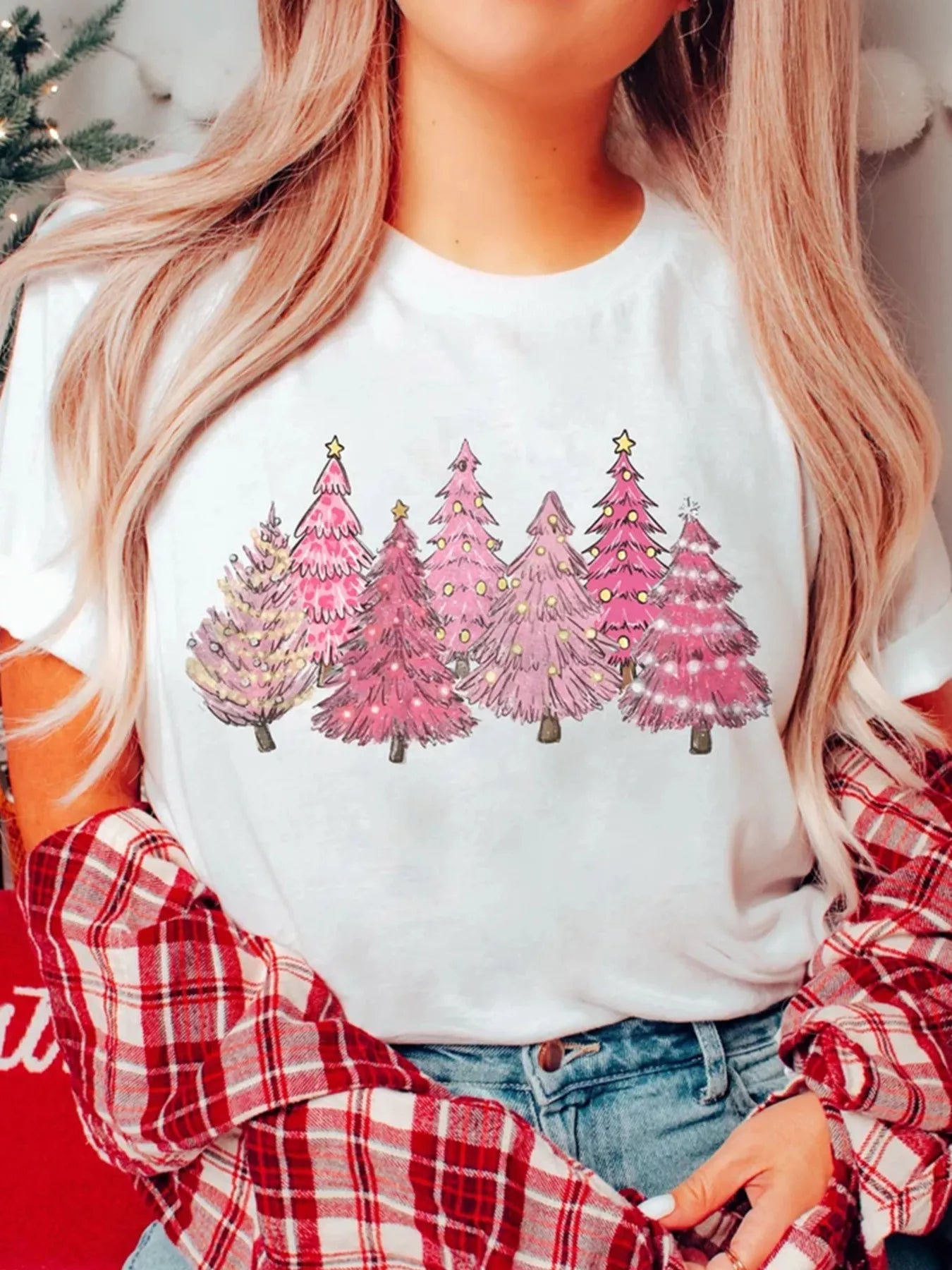 Full Size Lighting Christmas Trees Graphic Tee Plus Size 