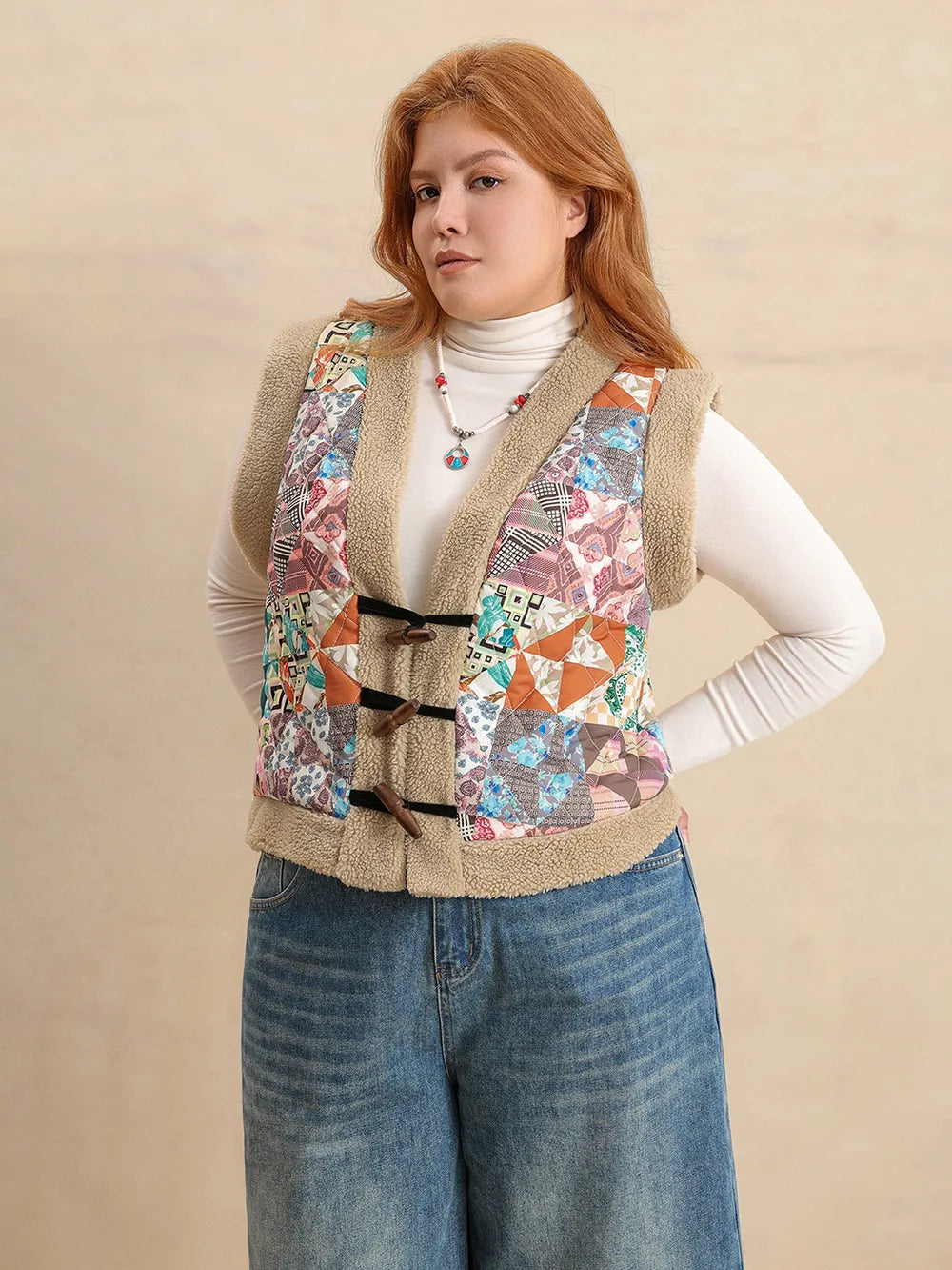 Plus Size Printed Sherpa Vest Coat 