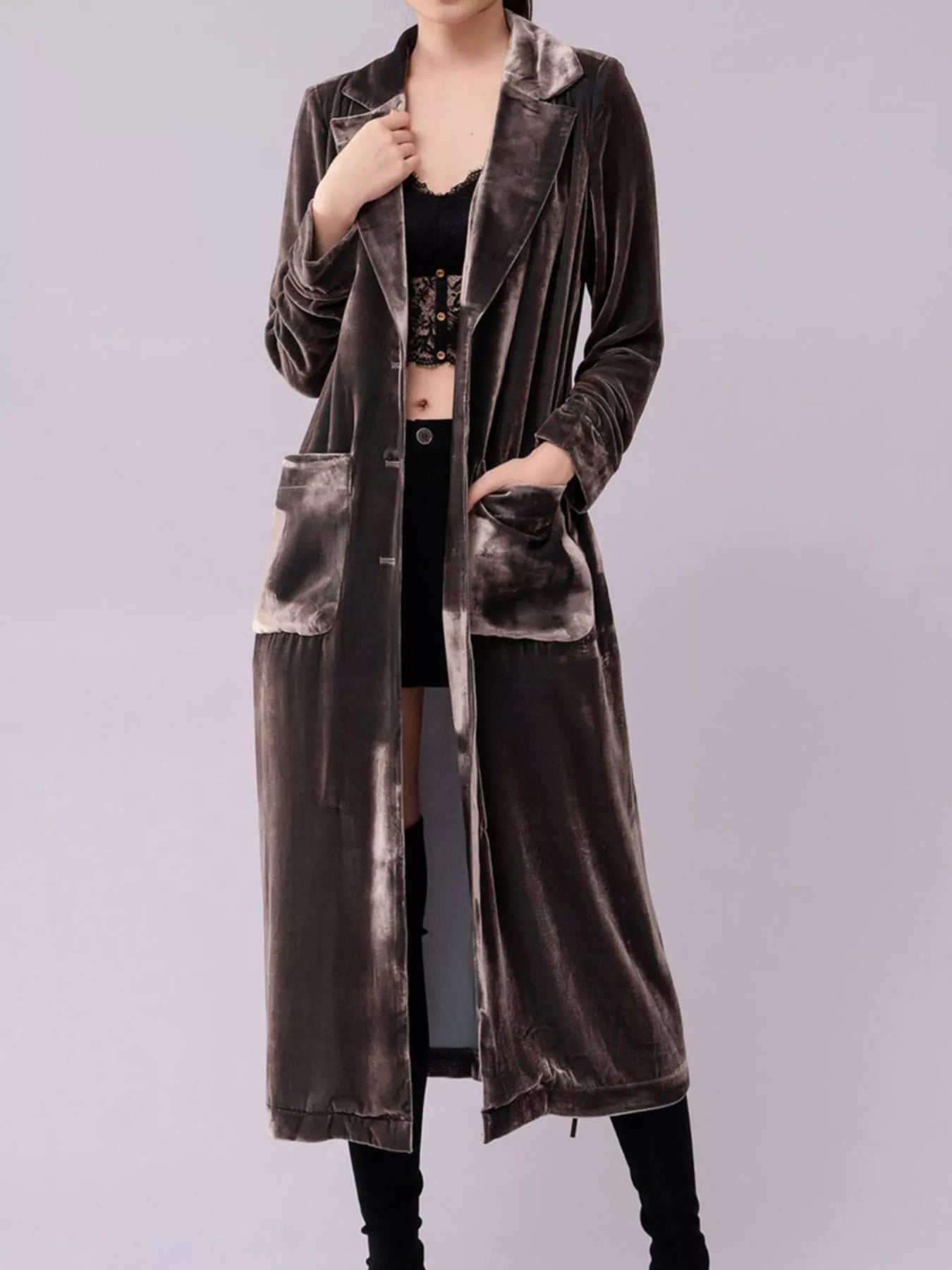 Velvet Lapel Collar Longline Coat 