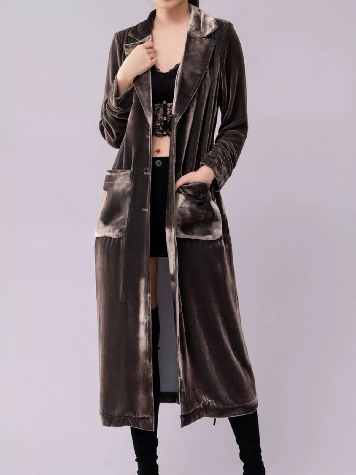 Velvet Lapel Collar Longline Coat 