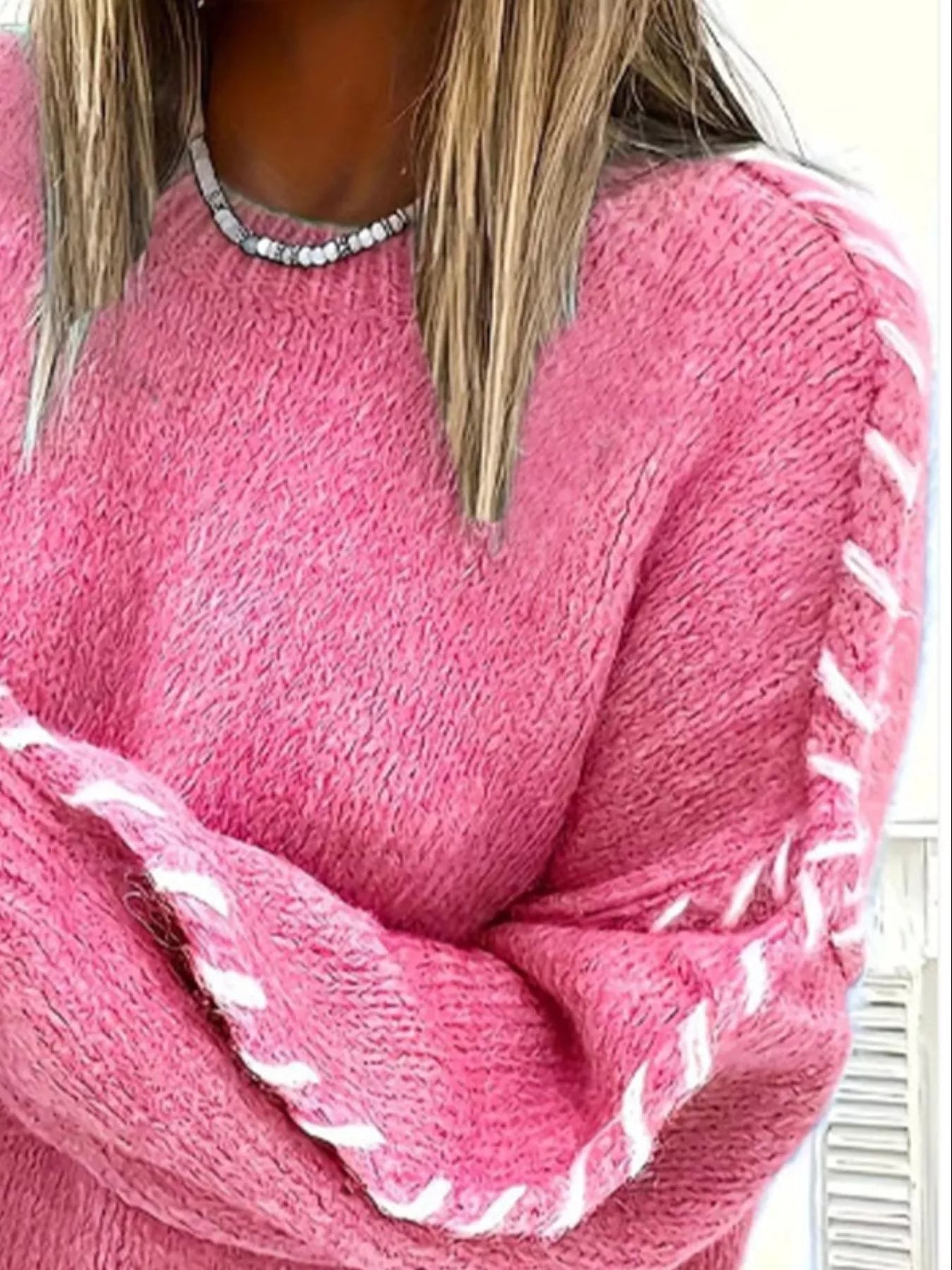 Contrast Stitching Dropped Shoulder Sweater 