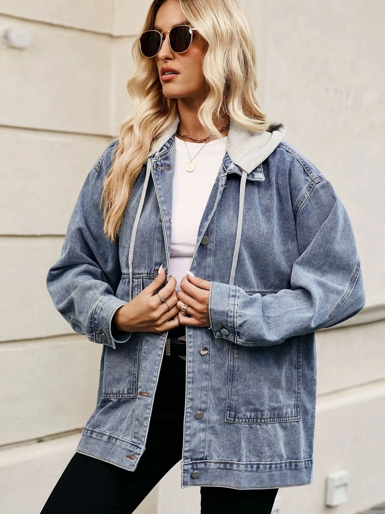 Oversized Button Up Denim Jacket with Hood 