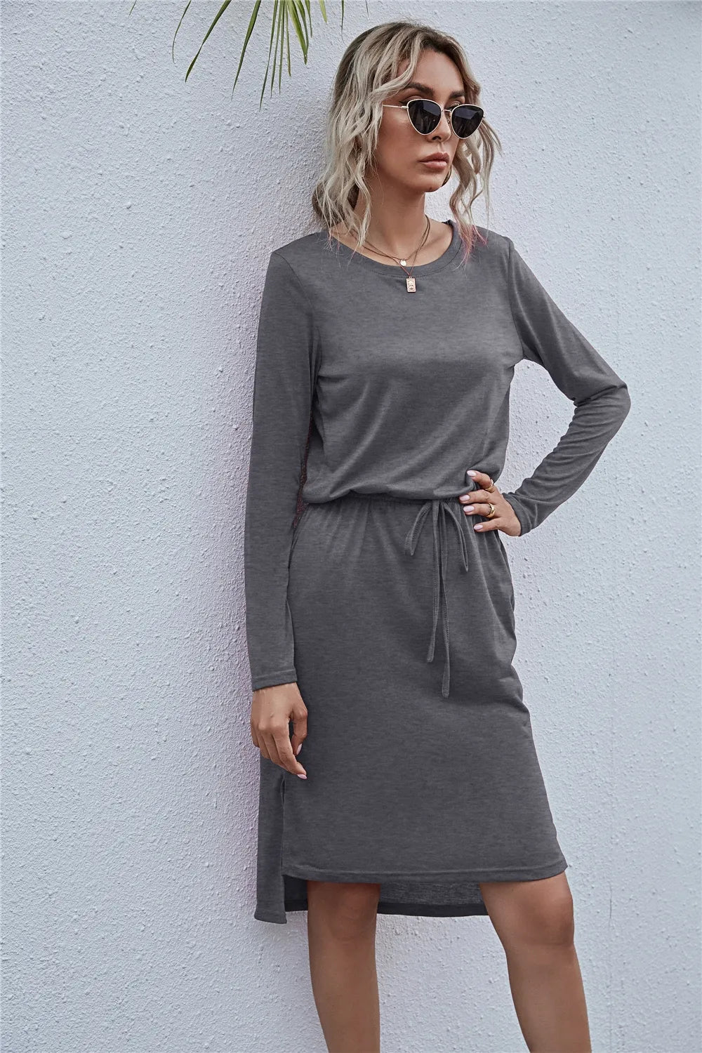 Drawstring Waist Round Neck Long Sleeve Dress 