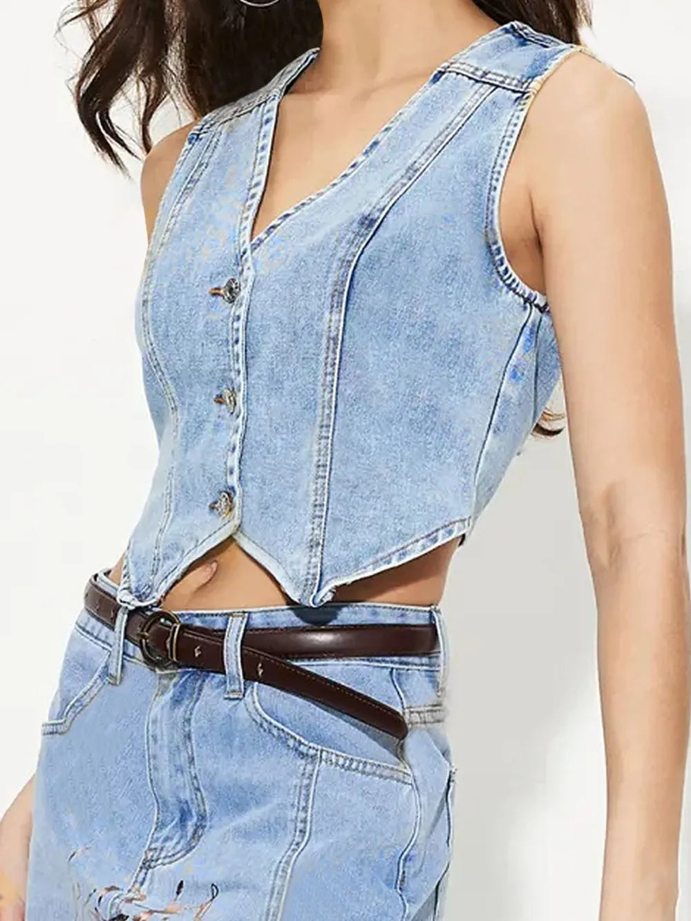 V-Neck Button Up Denim Vest 