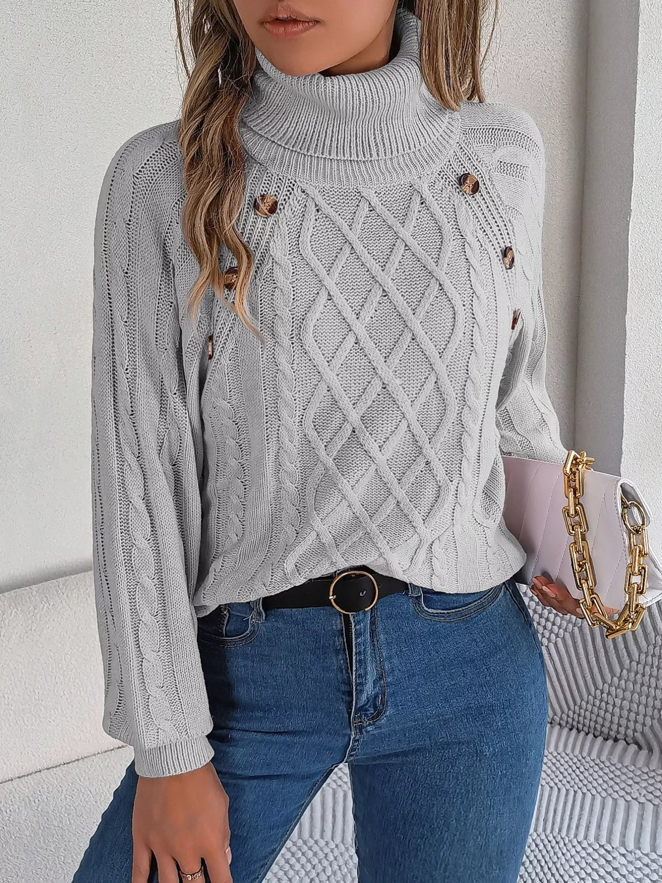 Cable Knit Turtleneck Long Sleeve Sweater 