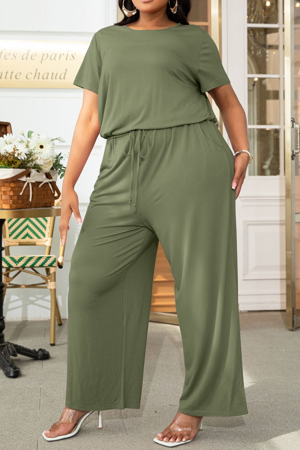 Plus Size Drawstring Waist Short Sleeve Jumpsuit 