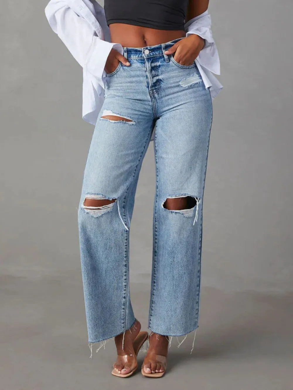 Distressed Straight Leg Jeans with Pockets 