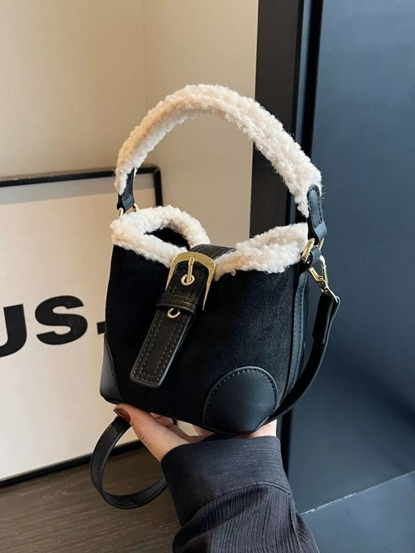 Fuzzy Trim Bucket Crossbody Bag 