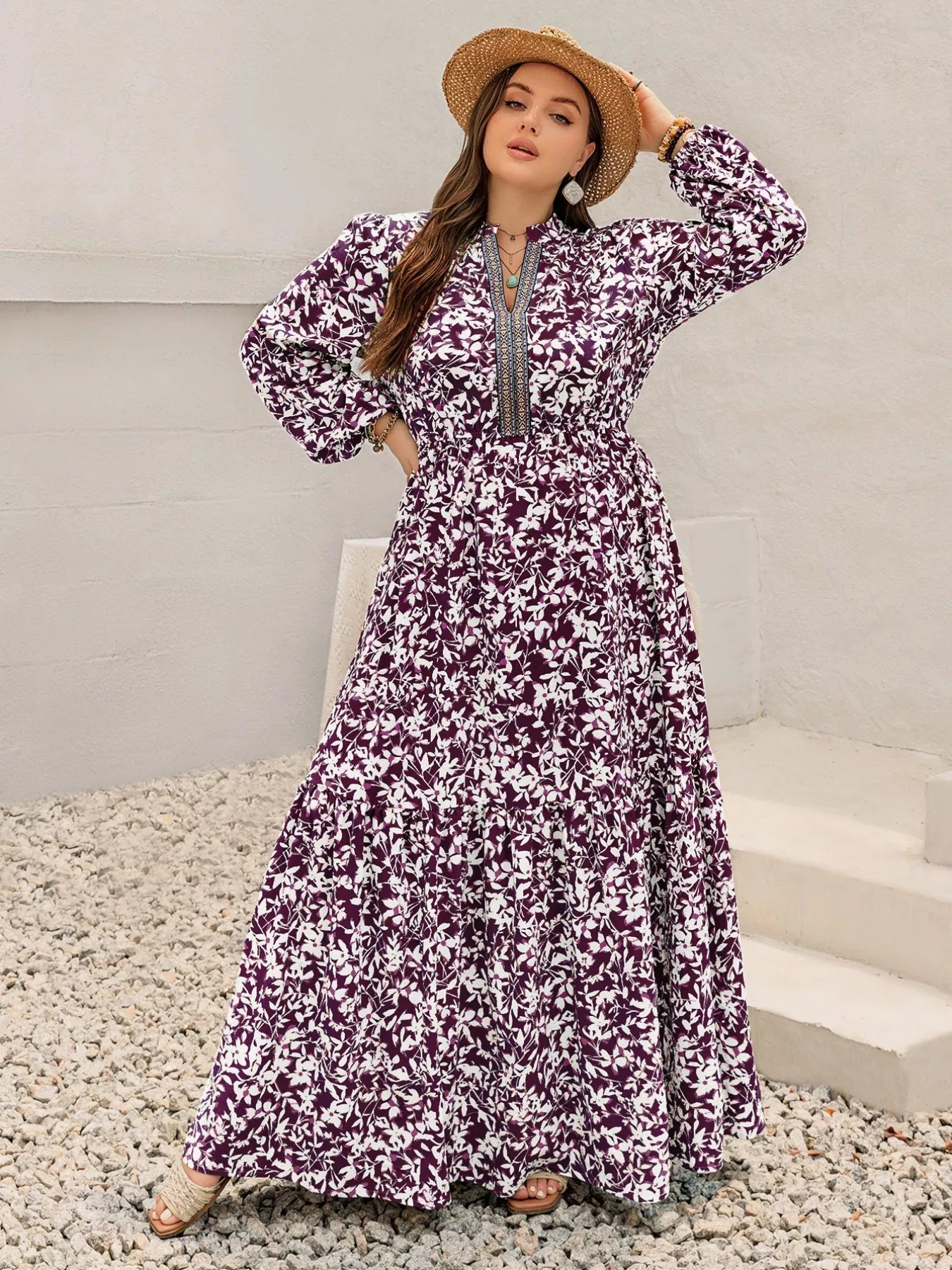 Plus Size Floral Print Maxi Dress with Long Sleeves 