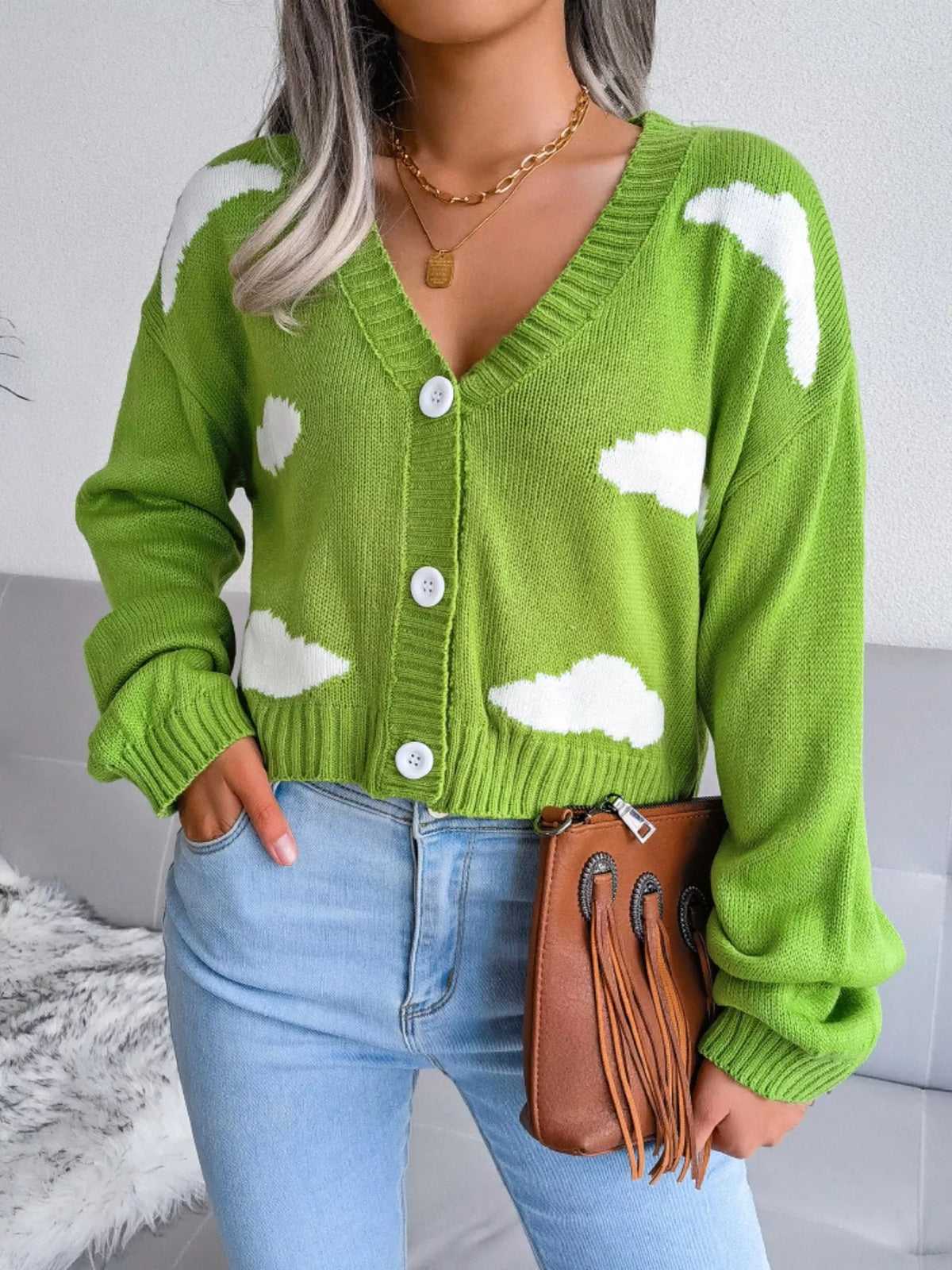 Cloud Pattern Button-Up Cropped Cardigan 