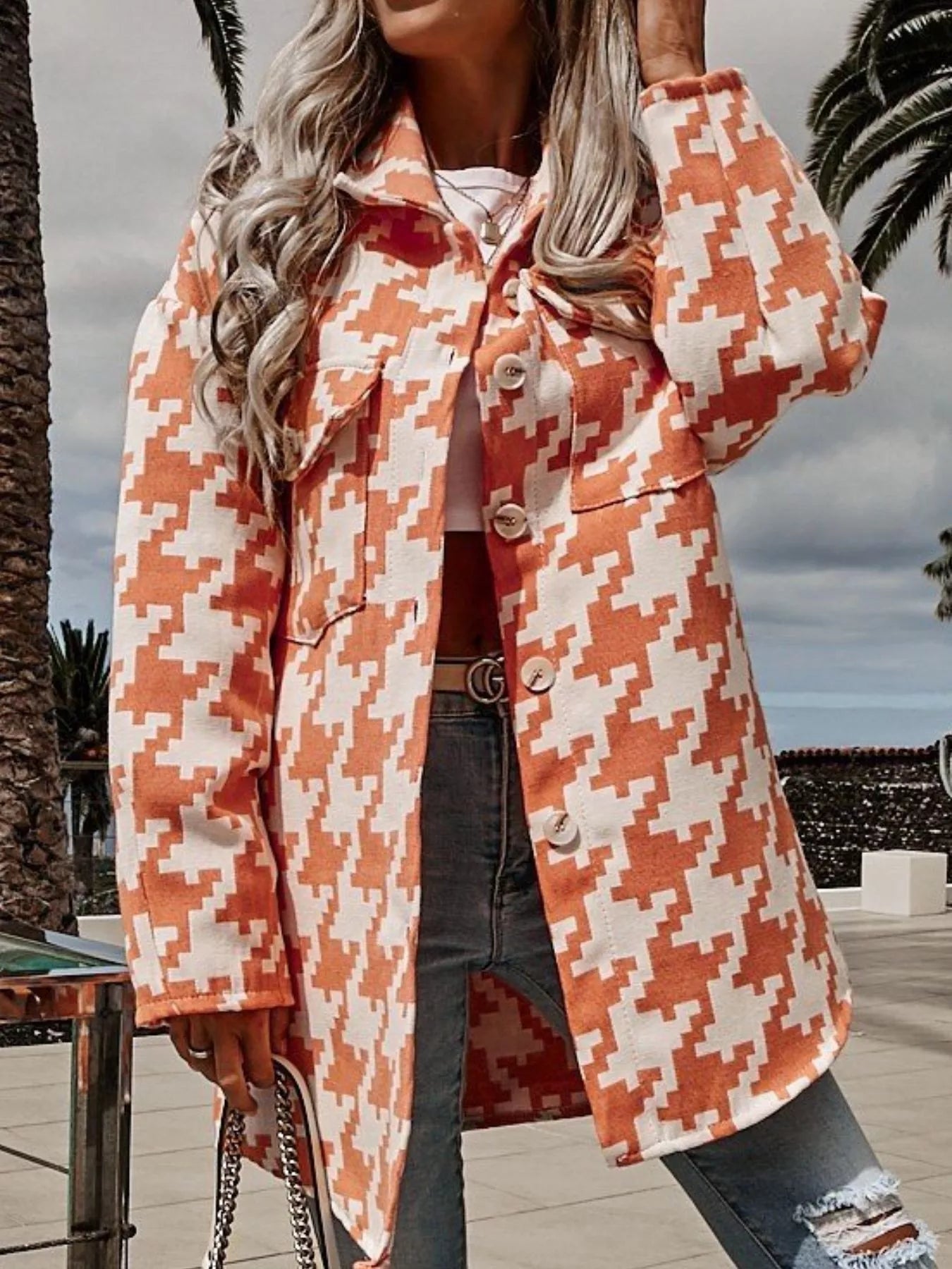 Houndstooth Button Up Long Sleeve Outerwear 
