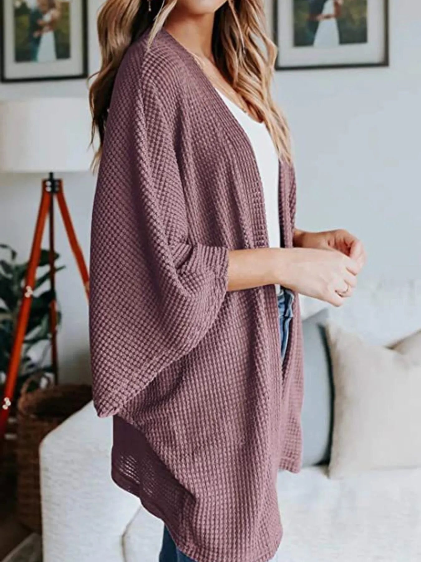 Full Size Open Front Waffle Knit Cardigan Plus Size 
