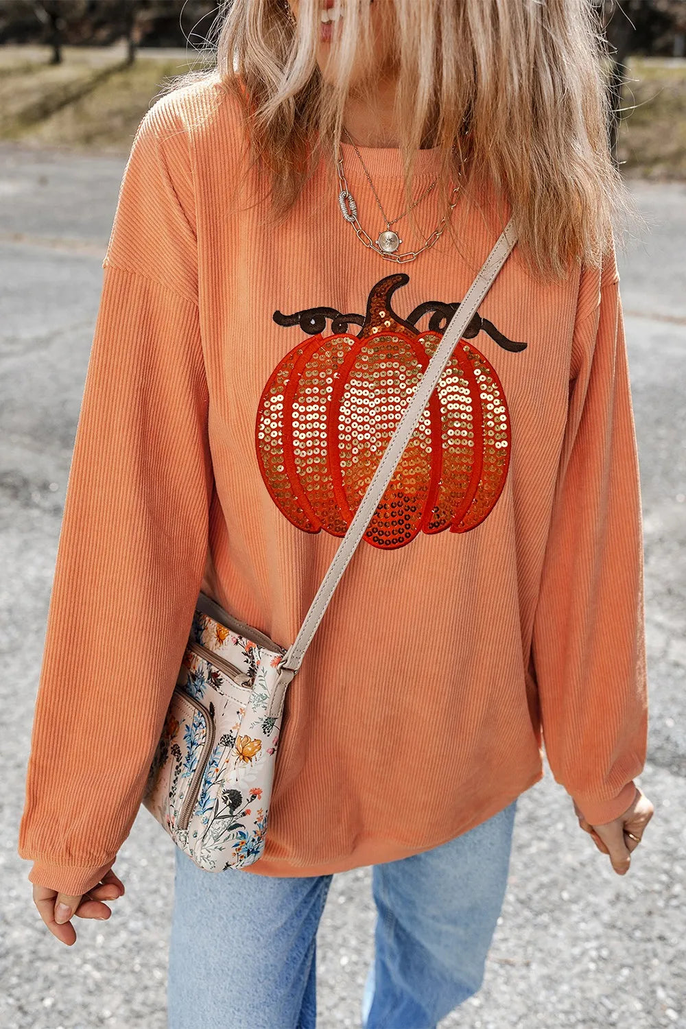 Sequin Pumpkin Round Neck Long Sleeve Sweatshirt 