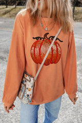 Sequin Pumpkin Round Neck Long Sleeve Sweatshirt 