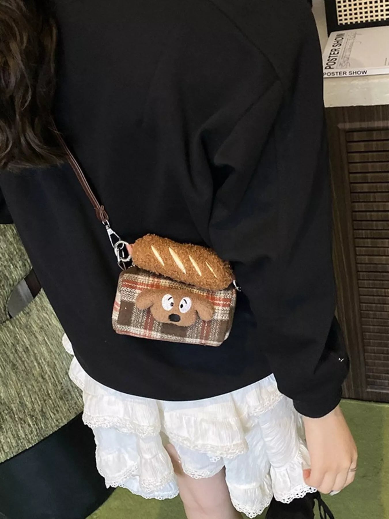 Plaid Pattern Plush Trim Crossbody Bag 