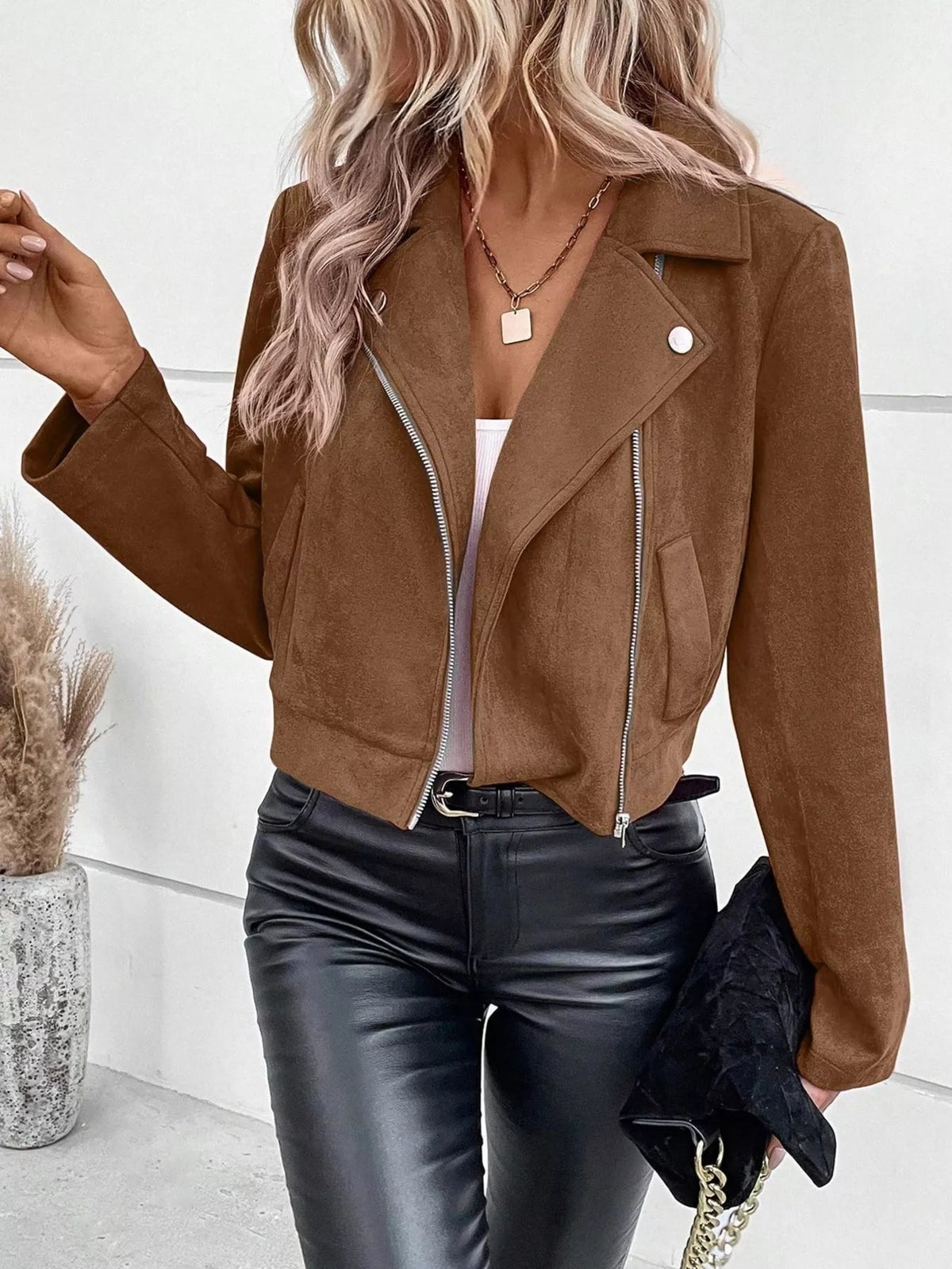 Suede Moto Jacket with Zip Detail 