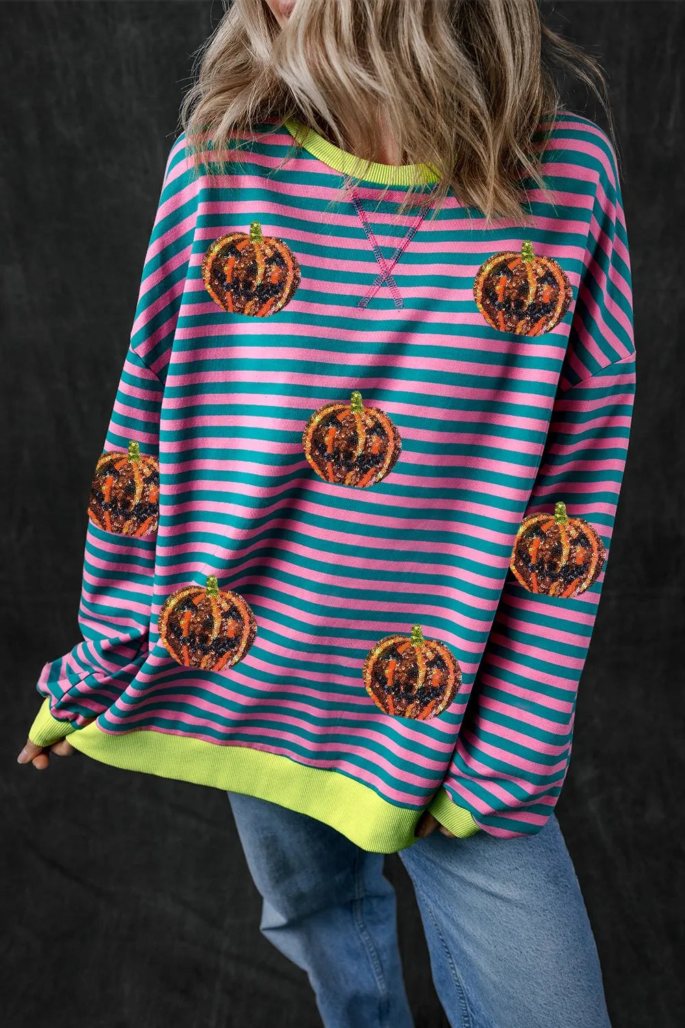 Pumpkin Striped Round Neck Long Sleeve Sweatshirt 