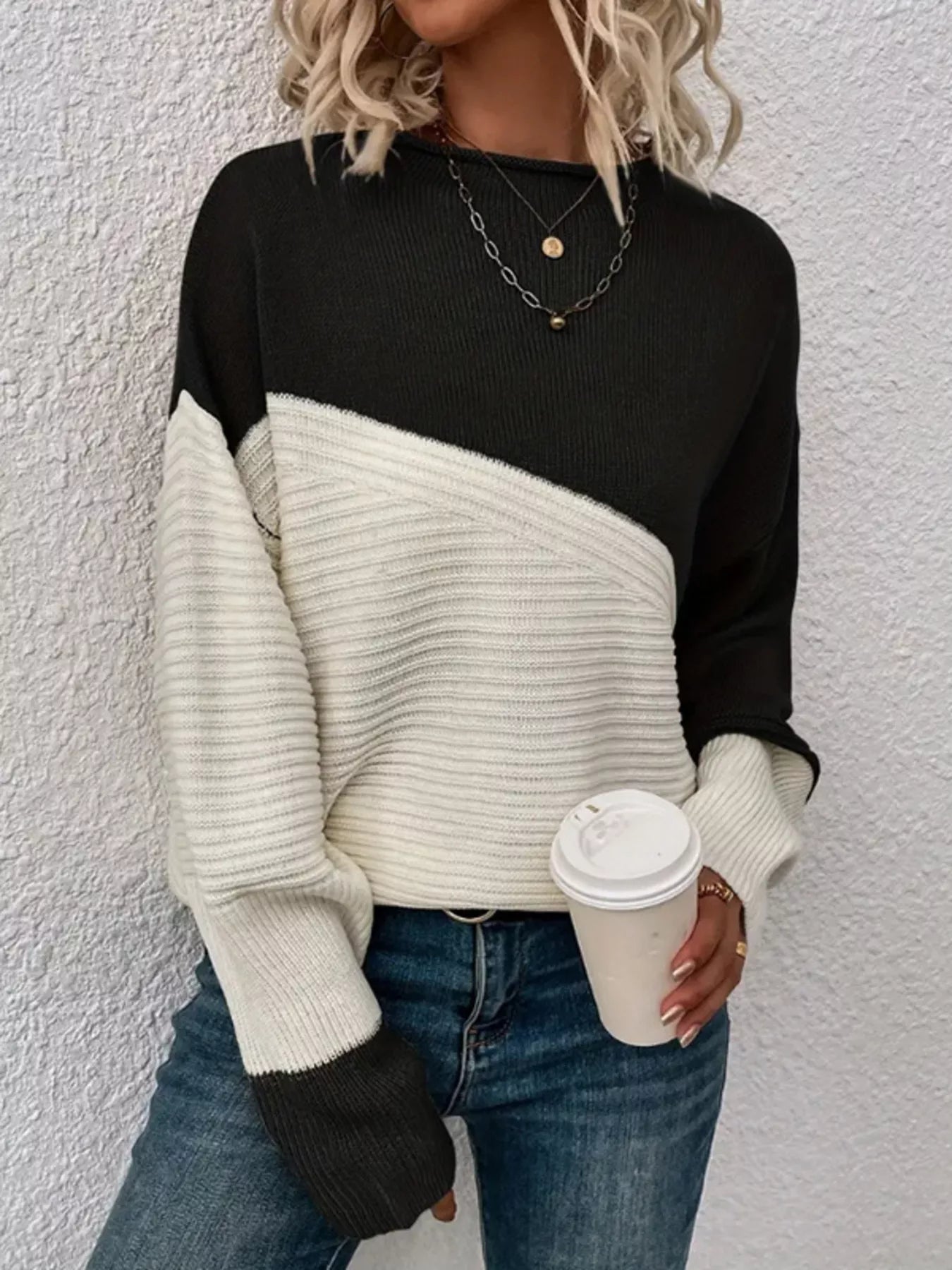Color Block Ribbed Knit Sweater 