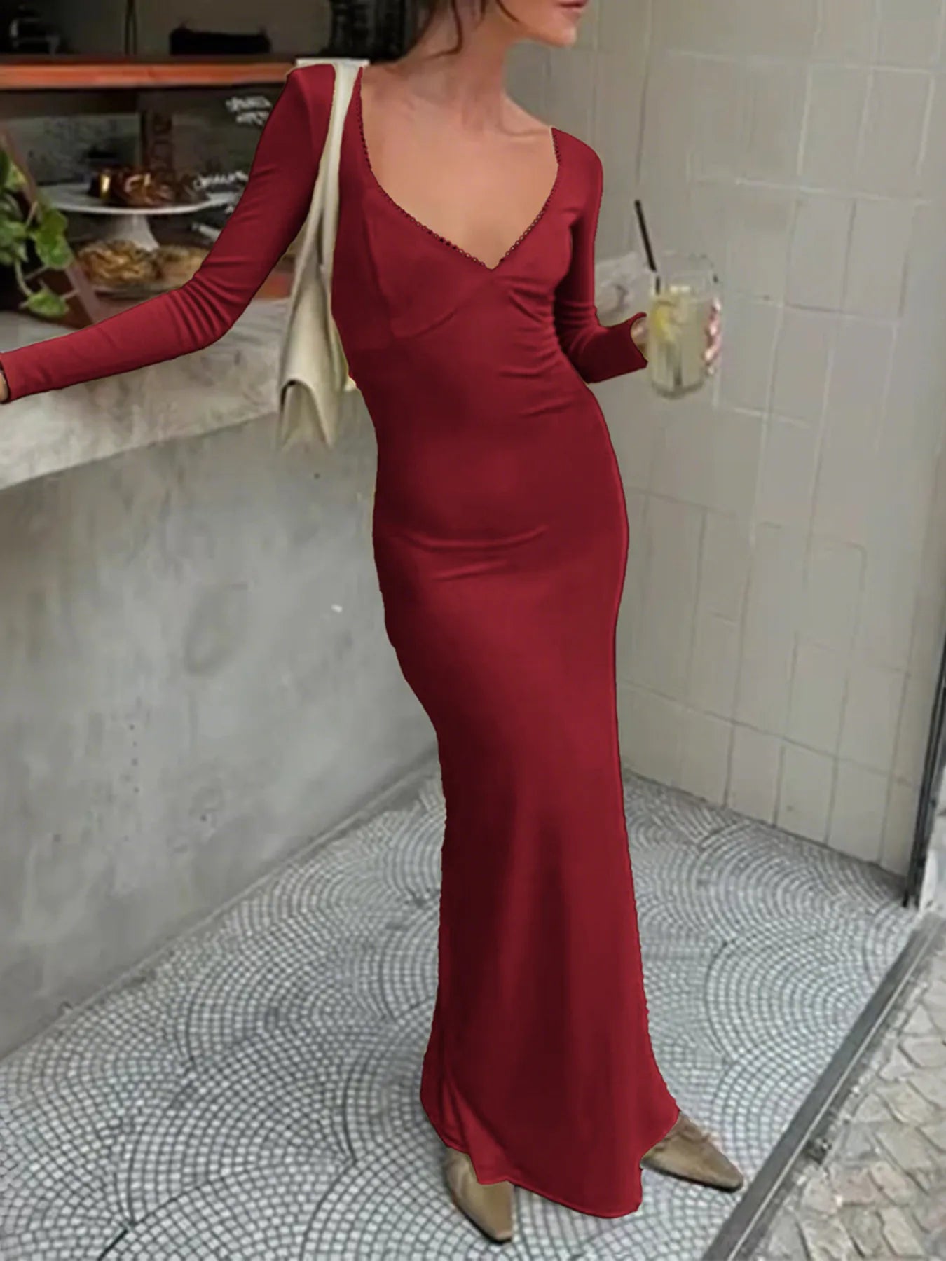 Deep-V Long Sleeve Slim Maxi Dress 