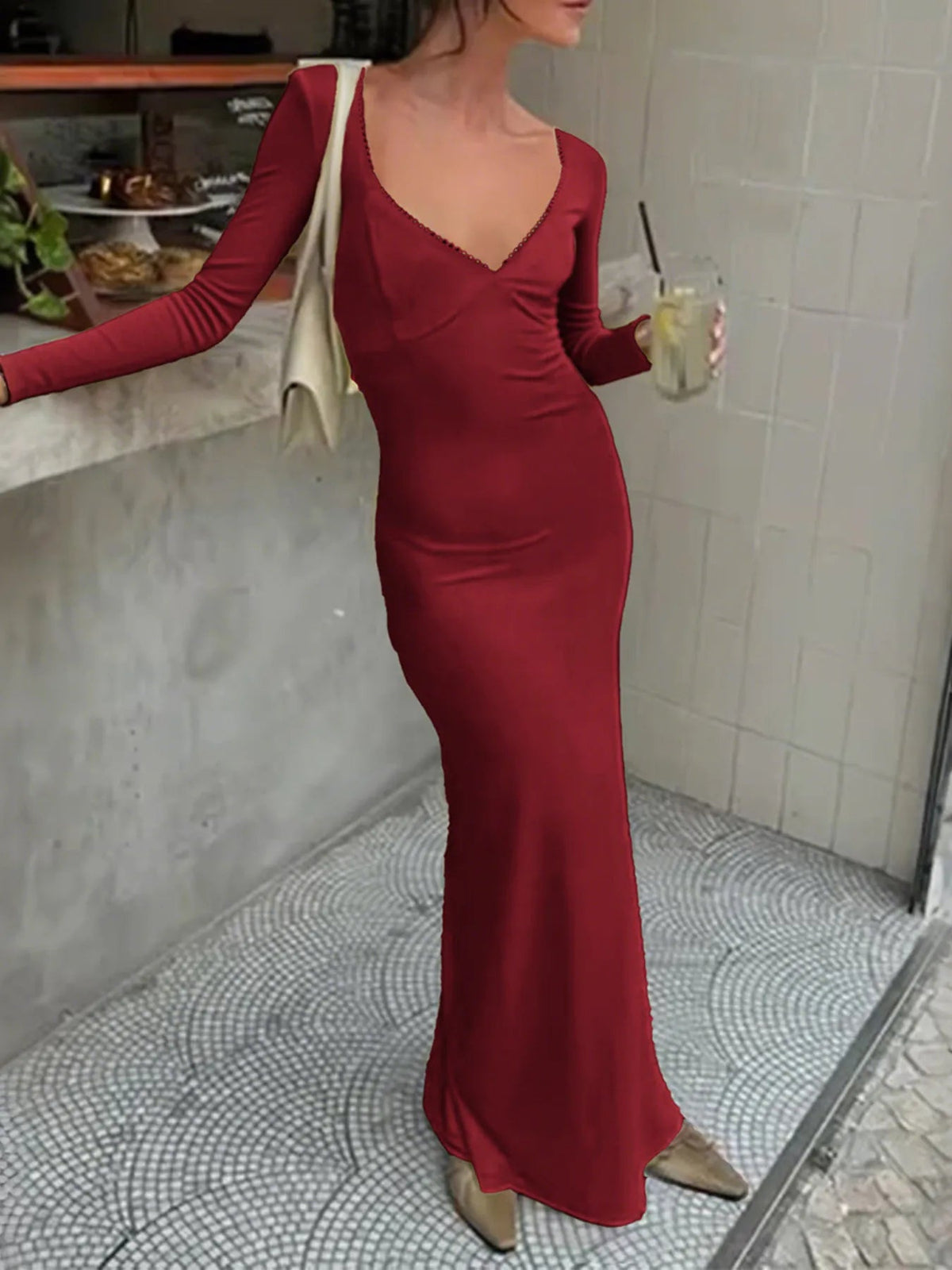 Deep-V Long Sleeve Slim Maxi Dress 