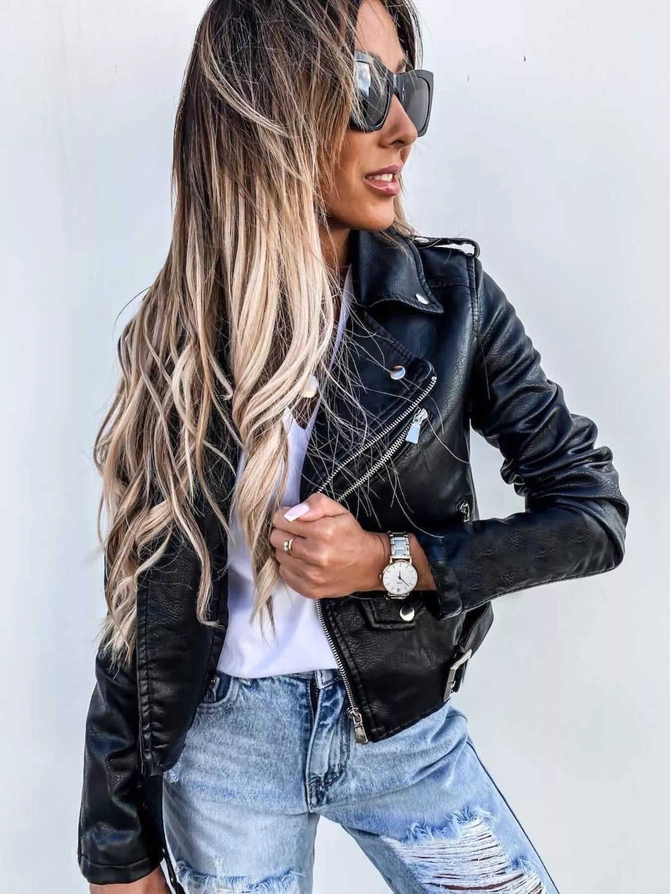 Full Size Zip Up Leather Motorcycle Biker Jacket Plus Size 